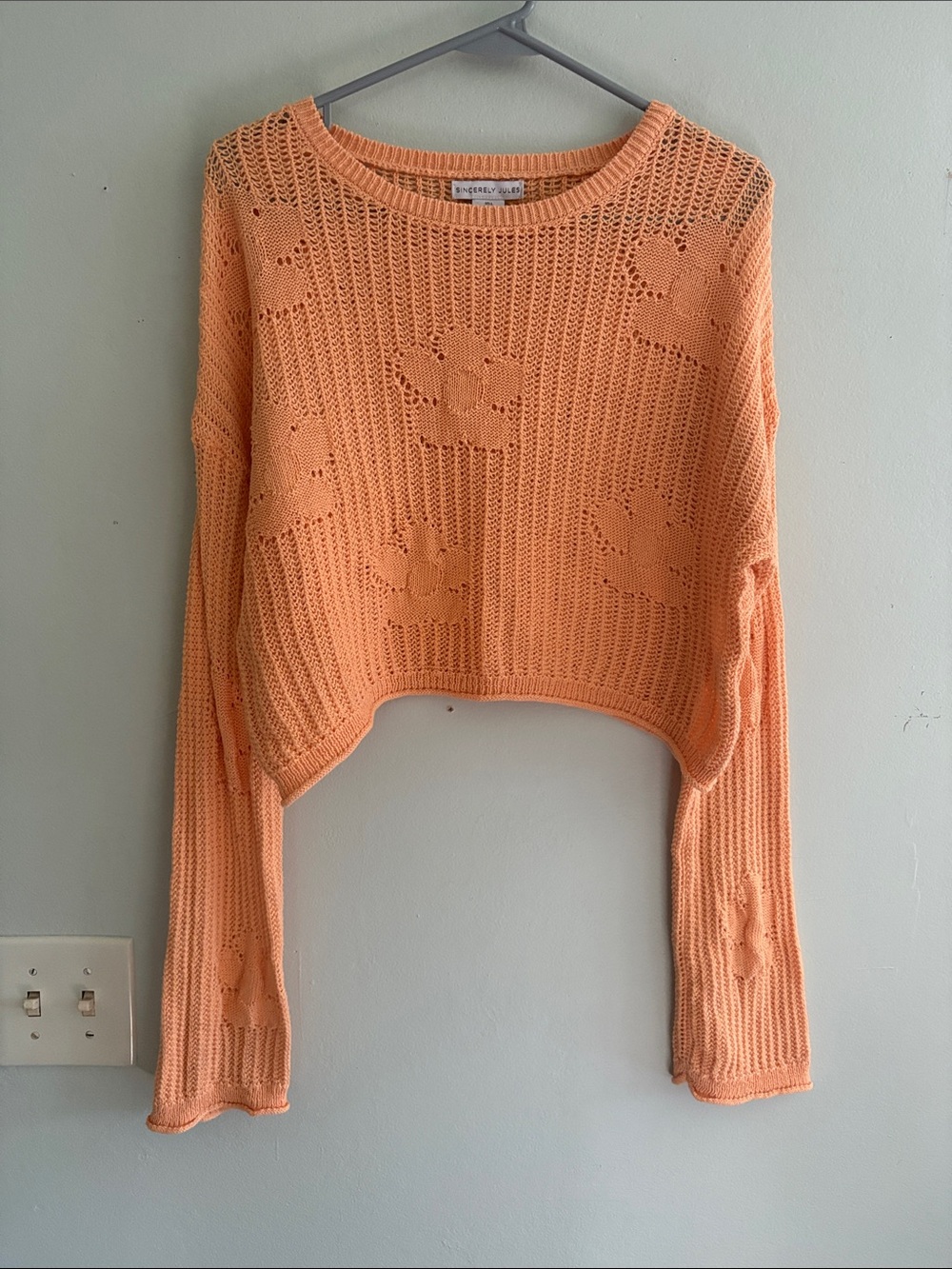Sincerely Jules Peach Openwork Crochet Cropped Crewneck Sweater L